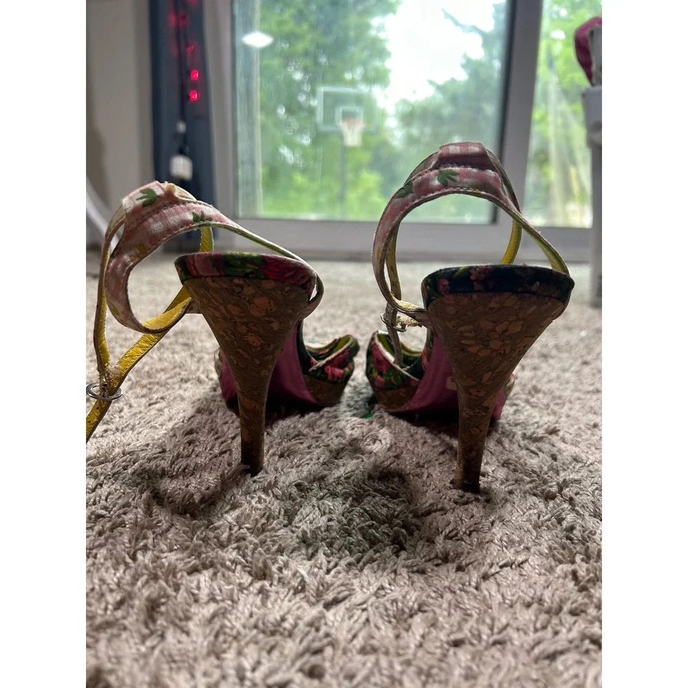 Vintage Y2K Betsey Johnson Floral Gingham Bow Sandals Cork Heel 8.5 Cottagecore